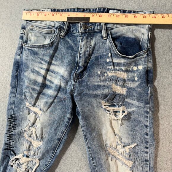 Smoke Rise Jeans Mens 32x32 Tie Die Ripped Slim Fit Distressed Washed Blue Logo - Picture 6 of 16